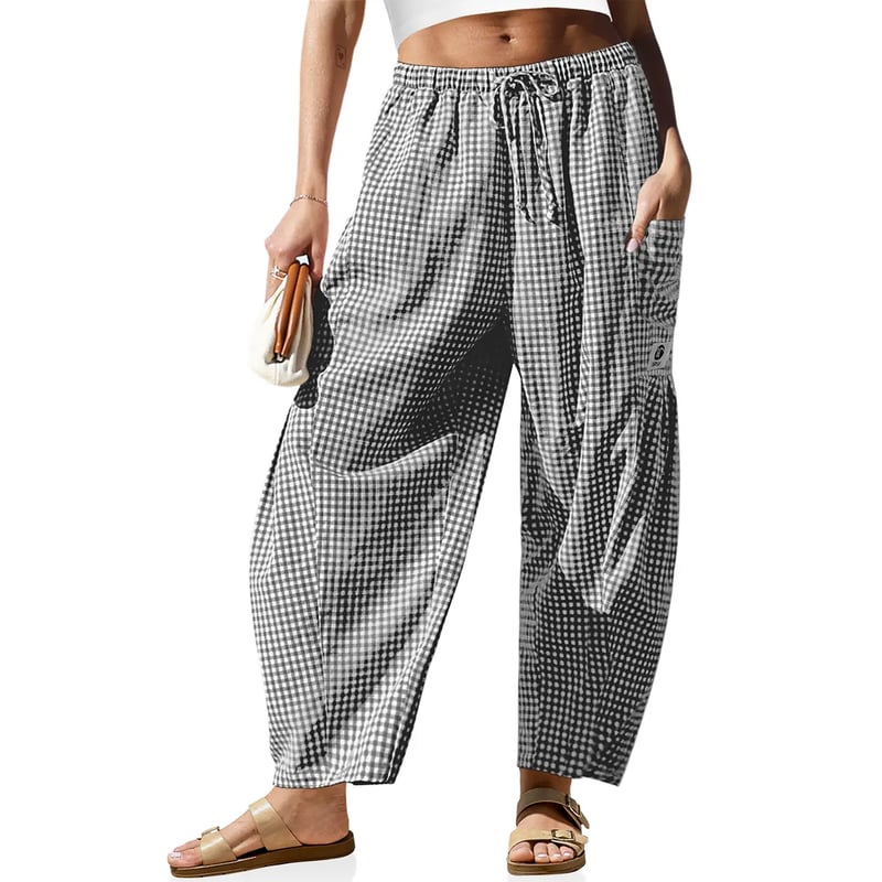 🌴 Dambyxor med vida linneben - 50% RABATT - ✨ Randig ginghammönstrad sommarchic stil