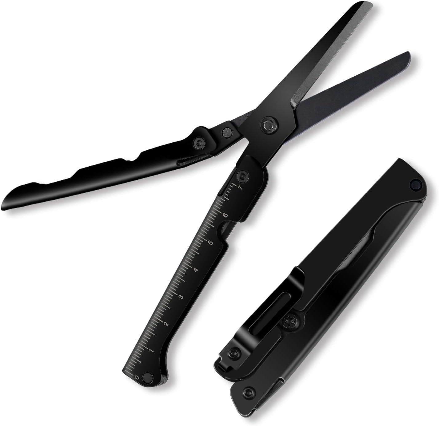✂️ 2-i-1 vikbar EDC-sax med inbyggd linjal