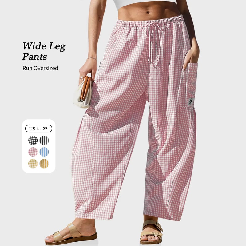 🌴 Damebukser med vide linben - 50 % RABATT - ✨ Stripete ginghamsmønstret sommerchic stil