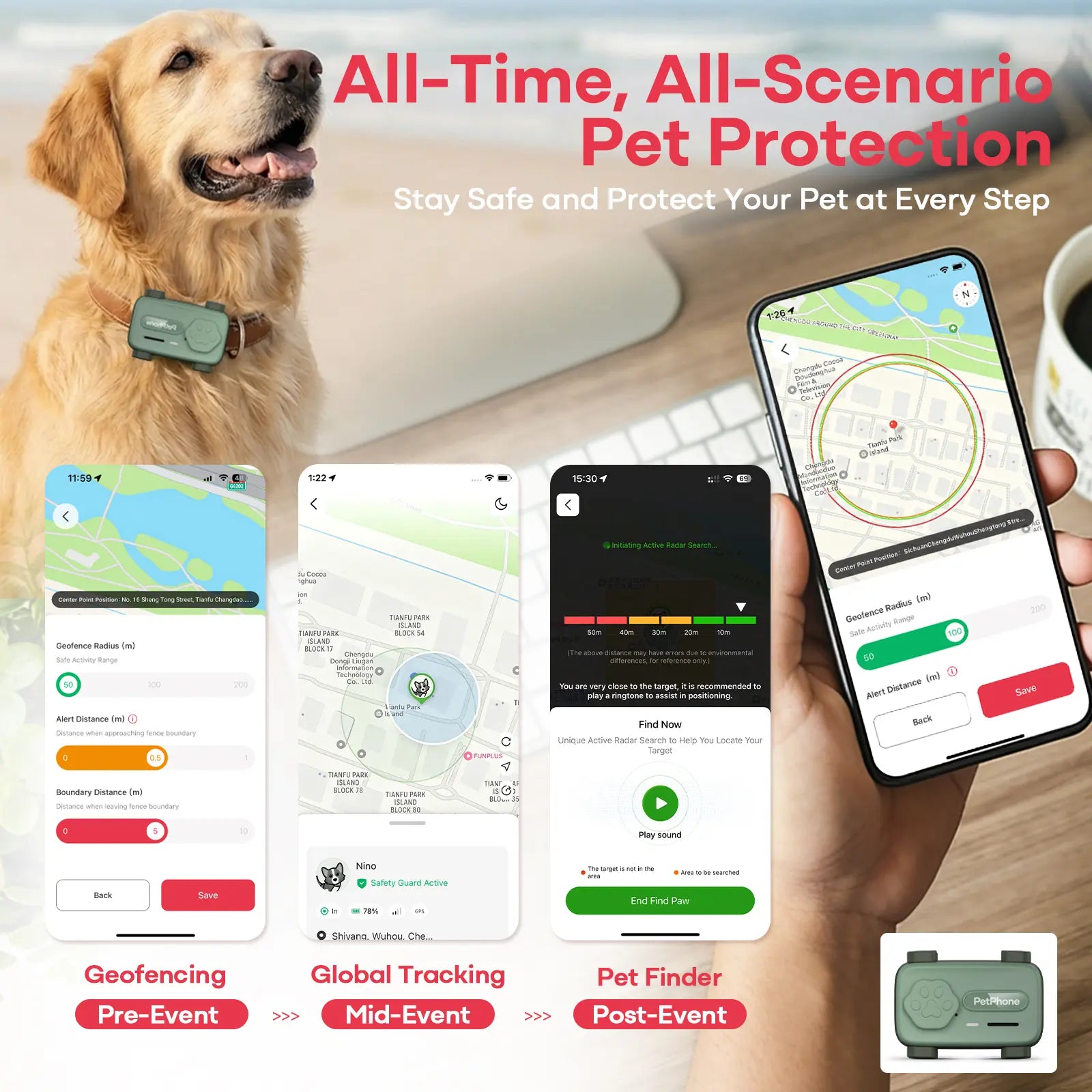 PetPhone for Dogs & Cats – 2-Way PetChat, Global GPS Tracker with Geofencing Alerts, Real-Time Tracking, Wellness Monitoring, Pet Finder, IP67 Waterproof, Up to 5 Days