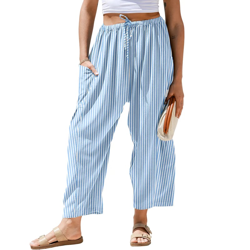 🌴 Dambyxor med vida linneben - 50% RABATT - ✨ Randig ginghammönstrad sommarchic stil