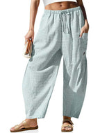 🌴 Damebukser med vide linben - 50 % RABATT - ✨ Stripete ginghamsmønstret sommerchic stil