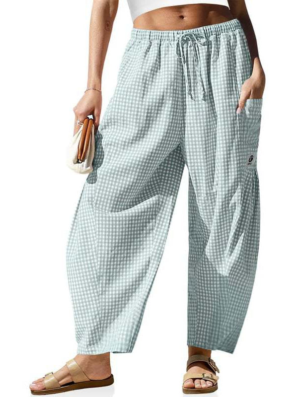 🌴 Damebukser med vide linben - 50 % RABATT - ✨ Stripete ginghamsmønstret sommerchic stil