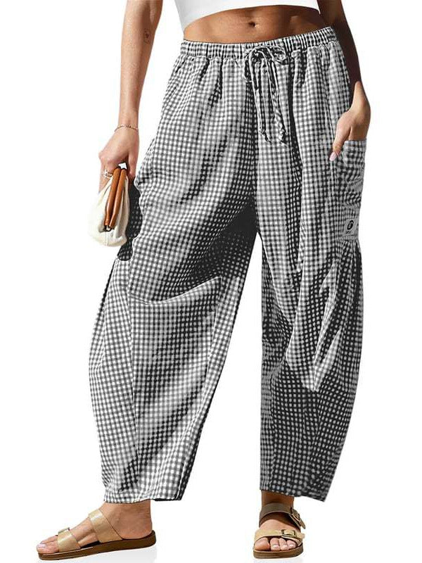 🌴 Damebukser med vide linben - 50 % RABATT - ✨ Stripete ginghamsmønstret sommerchic stil