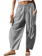 🌴 Damebukser med vide linben - 50 % RABATT - ✨ Stripete ginghamsmønstret sommerchic stil