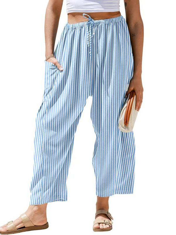 🌴 Damebukser med vide linben - 50 % RABATT - ✨ Stripete ginghamsmønstret sommerchic stil