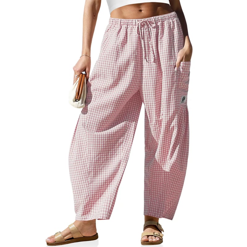 🌴 Damebukser med vide linben - 50 % RABATT - ✨ Stripete ginghamsmønstret sommerchic stil